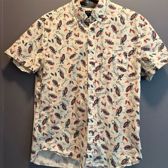 J.Crew Men's Large Beige Golf Graphic Print Short Sleeve Button-Up Shirt - Picture 1 of 10